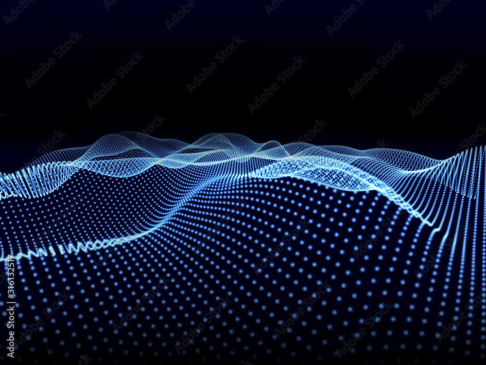 Wall mural abstract 3d grid with blue glow dots on dark. technology abstract vector. future wave background.