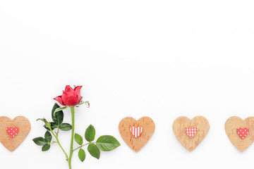 Valentine Day background . Rose hearts natural creative composition top view background with copy space for your text. Flat lay.
