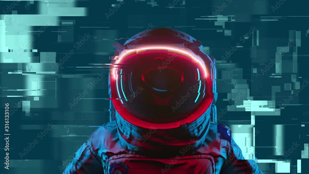 Wall mural digital pixel noise glitch art effect on the astronaut in space with neon lights. retro futuristic d