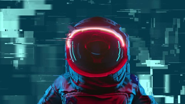 Digital Pixel Noise Glitch Art Effect On The Astronaut In Space With Neon Lights. Retro Futuristic Dynamic Wave Style. Picture Damaged With Tv Noise. Seamless loop