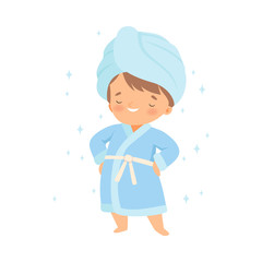 Little Boy Wearing Bathrobe Standing with Towel on His Head Vector Illustration