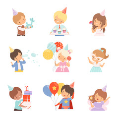Little Children Celebrating Birthday Holding Festive Attributes Vector Illustrations Set
