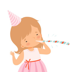 Cheerful Little Girl Wearing Birthday Hat Blowing Whistle Vector Illustration