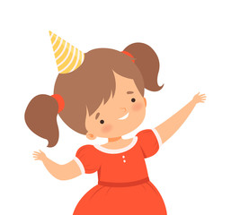 Cheerful Little Girl Wearing Birthday Hat Waving Hands Vector Illustration