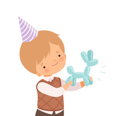 Little Boy Wearing Birthday Hat Holding Animal Twisted from Balloon Vector Illustration