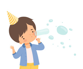 Little Boy Wearing Birthday Hat Blowing Bubbles Vector Illustration
