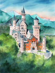 Watercolor illustration of the Bavarian Neuschweinstein castle in the mountains covered with dense green forest - obrazy, fototapety, plakaty