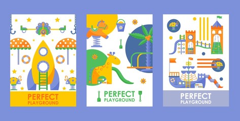 Children playground banner, vector illustration. Startup project for perfect playground, advertisement flyers in flat style. Cute fun attractions for kids