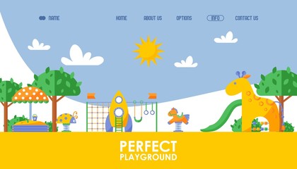 Children playground website, vector illustration. Landing page template for startup project perfect playground, background in flat style. Fun attractions for kids