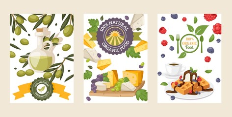 Natural organic food banners, vector illustration. Healthy products, olive oil, cheese and waffles. Grocery store advertisement flyer, cafe menu cover. Natural food label