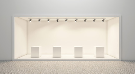 Shop window display, Empty storefront, Showcase on the street.mock up 3D render