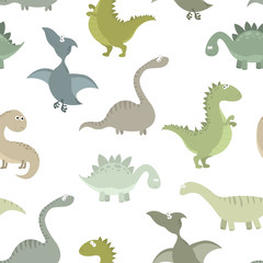 Cute prehistoric dinosaurs vector seamless pattern. Color illustrations of animals of the Jurassic period.