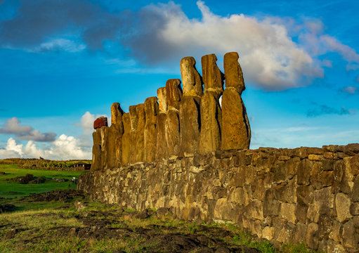 Rear profile view of Ahu Tongariki moai platform
