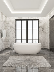 Fototapeta na wymiar Modern luxury white bathroom with city view. There are white stone wall and gray floor. 3d render