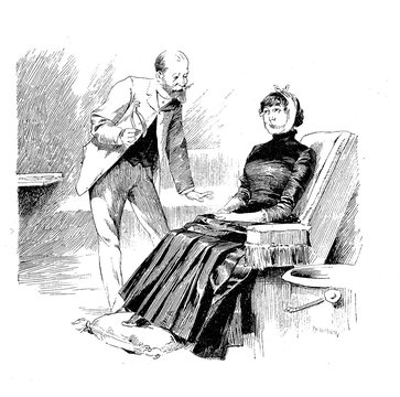 German satirical magazine, reluctant and scared patient in pain seats on the dentist's chair while the doctor with a charming smile is ready for the tooth extraction