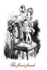 satirical magazine caricature and fun - the flower friend: little girl fancy dressed standing on a chair waters the flowers of the mum's hat