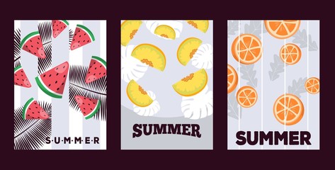 Fototapeta premium Summer fruits banner, vector illustration. Juicy slices of watermelon, melon and orange. Typographic posters with copy space, set of banners with fresh fruits, summer campaign