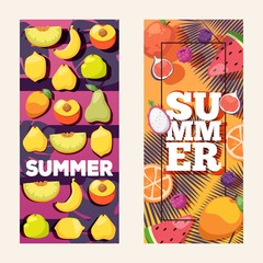 Summer fruit vertical banners, vector illustration. Mix of fresh juicy fruits, healthy vegetarian food. Summer advertisement campaign, flyer with colorful background for your text