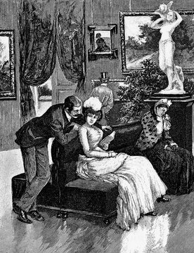German satirical magazine, flirting at the fine art museum while the chaperone get some shut eye : nonchalant gentleman courts quietly apart a young woman pretending to read a book
