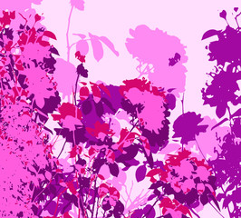 Obraz na płótnie Canvas Stylised vector illustration of flowers with mixed broken shapes, decorative pattern in pink and purple.