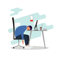 Professional burnout concept. Young exhausted male manager sits at table in the office, long work day. Frustrated worker mental health problems. Vector illustration in flat cartoon style.