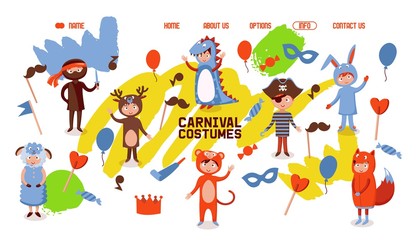 Obraz na płótnie Canvas Carnival costumes for children, kids clothing store website, vector illustration