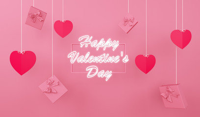 Valentines of paper craft design, contain pink hearts and gift are holding by sting on top, Happy Valentine's Day text Glow, 3d render