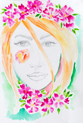 Watercolor woman portrait with pink flowers. Aries zodiac sign.