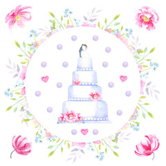 Clip art set with  wedding cake, roses, pink heart, floral elements, wreath.  Isolated elements on a white background.  Stock illustration hand painted in watercolor.