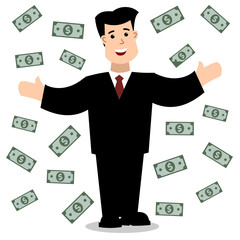 Businessman in business suit smiles holding up his hands, around flying money, isolated on white background - 316139306