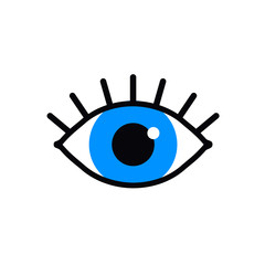 Open blue eye line icon on white background. Look, see, sight, view sign and symbol. Vector linear graphic element. Optical and search theme in minimal design style. Eye with eyelashes.