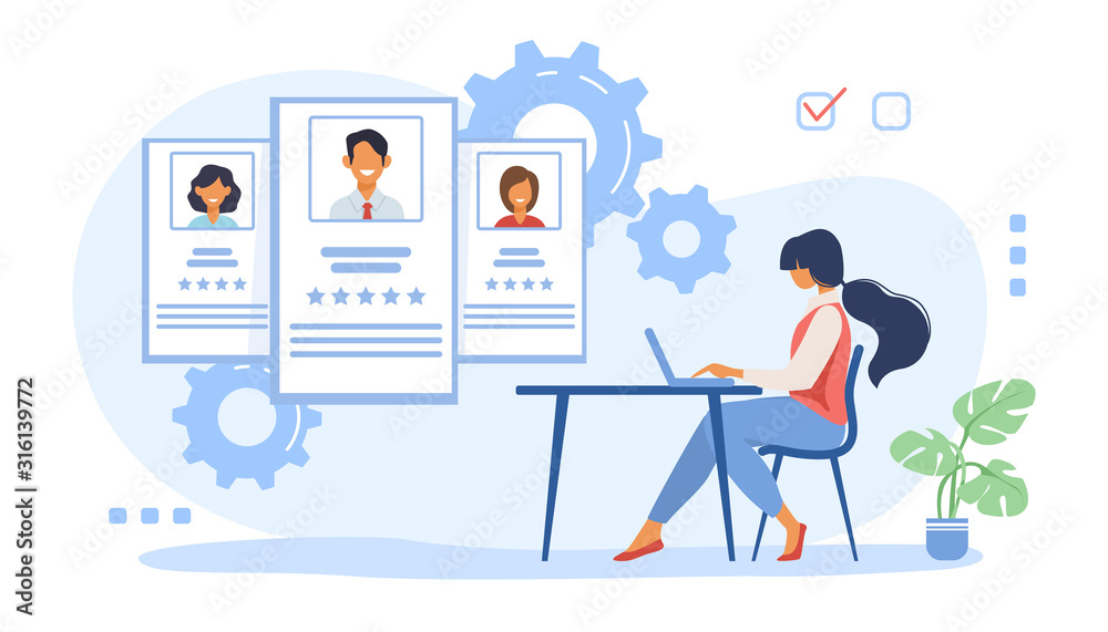 Canvas Prints recruit agent analyzing candidates. hr manager studying employees profiles on internet flat vector i