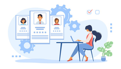 Recruit agent analyzing candidates. HR manager studying employees profiles on internet flat vector illustration. Rate, staff, human resource concept for banner, website design or landing web page