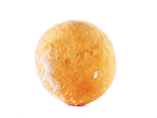 One doughnut on a white background, isolated, Bakery product. Top view.