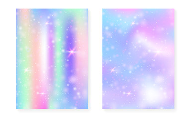 Unicorn background with kawaii magic gradient. Princess rainbow hologram. Holographic fairy set. Bright fantasy cover. Unicorn background with sparkles and stars for cute girl party invitation.