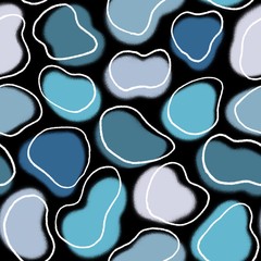 Organic blue shapes and white lines on black background. Hand drawn abstract seamless pattern. Modern art for paper, fabric, web design.