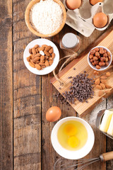 baking ingredient with butter, flour, egg, chocolate- cake ingredient recipe