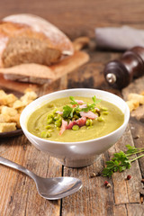 pea soup or puree with bacon, cheese and bread