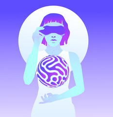 Woman wearing virtual reality headset, consept of futuristic immersive and interactive education or gaming. Cyberpunk retrofuturistic style illustration with neon vibrant color accents.