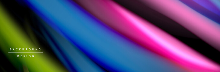 Silk and smooth flow wave poster design. Color waves, liquid style lines and shapes in black color background