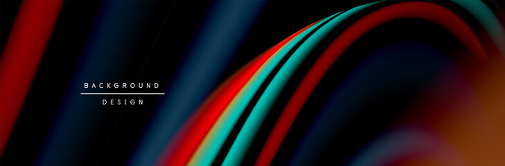 Сolorful flow poster. Wave liquid lines and shapes in black color background. Vector Illustration