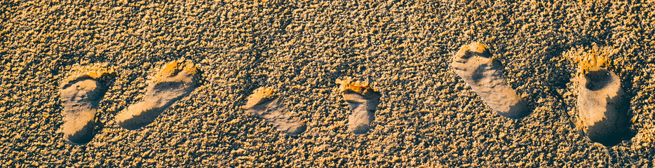 ootprints of two adults and two children in the sand