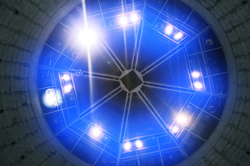 The light from the spotlights is blue. Bright lights shine in a circle. Club Event Poster Concept