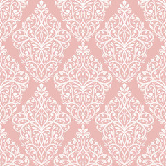 White and pink damask seamless pattern. Vintage, paisley elements. Traditional, Turkish motifs. Great for fabric and textile, wallpaper, packaging or any desired idea.