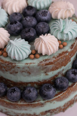 Homemade cake with brown cakes, green cream, decorated with colorful meringues and blueberries