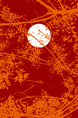 Stylish warm vector illustration with a white full moon (or the sun) in a deep red sky seen through orange silhouettes of branches and leaves.