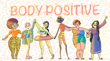 Body positive. Cute, cartoon illustration with women different body, nationalities and cultures. - 316144976
