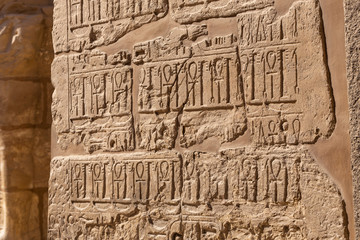 Karnak Temple, complex of Amun-Re. Embossed hieroglyphics on walls. Luxor Governorate, Egypt. Ankh...