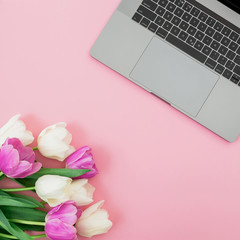Laptop and tulips flowers on pink background. Flat lay. Female workspace.