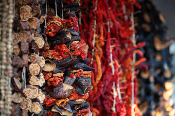 Dried peppers and aubergines and colourful spices
